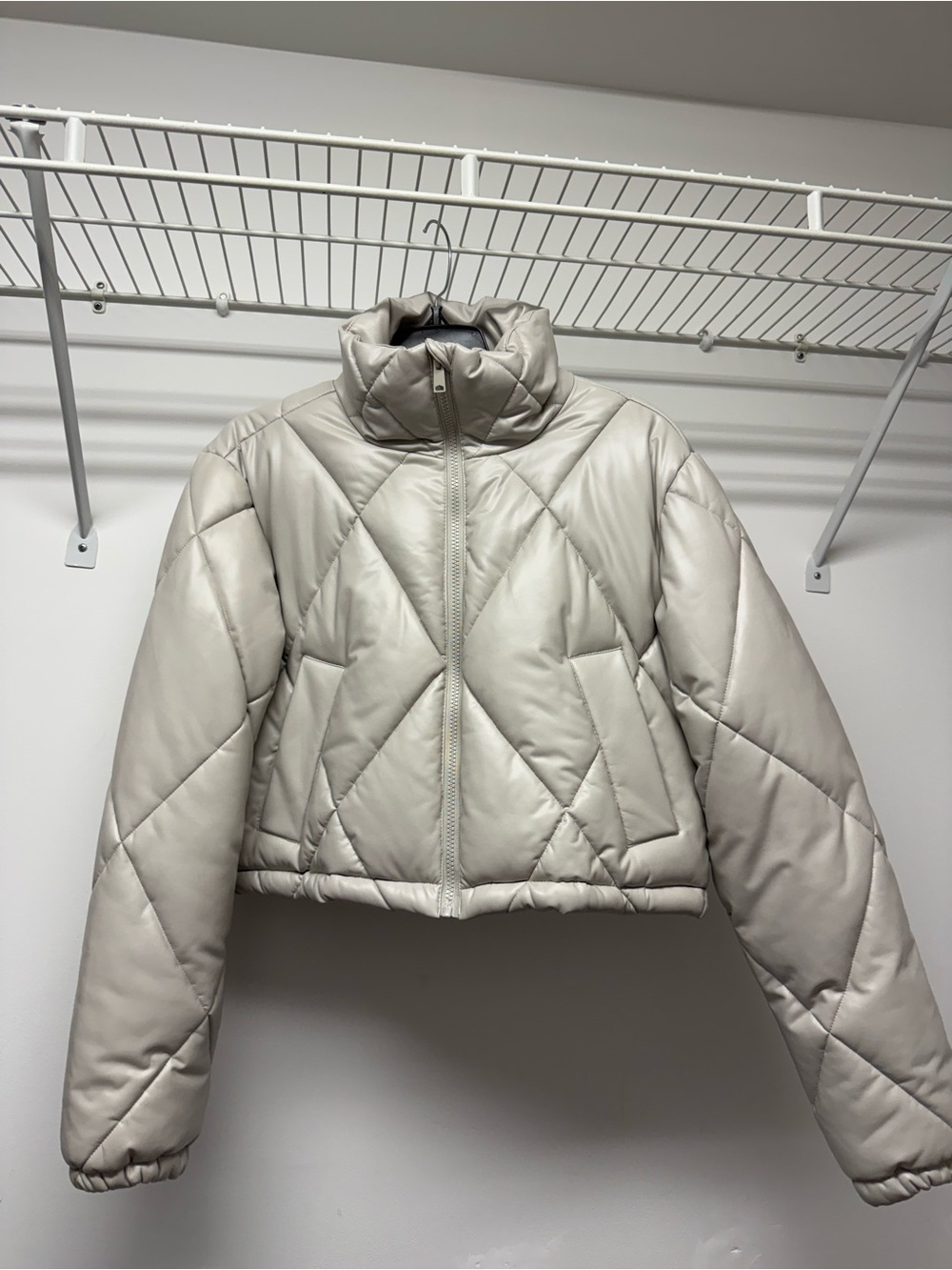 Garage Cropped Quilted Puffer Jacket in Light Taupe